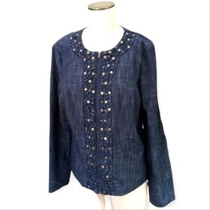 JM Collection | 12 denim jacket brass tone metal studs ruched zipper fro…